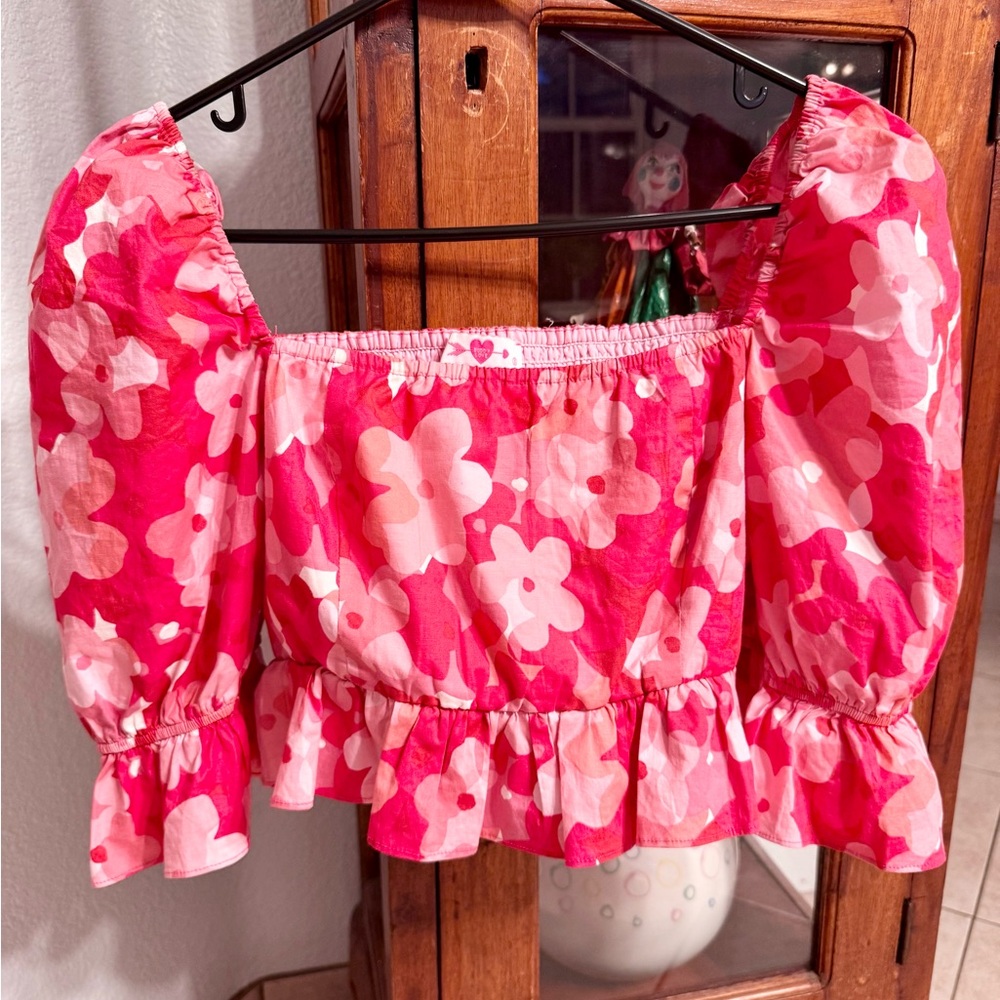Buddy Love Pink Floral Puff-Sleeve Crop Top